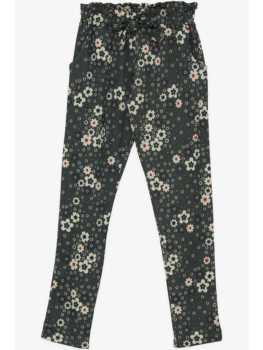 Kız Çocuk Tayt Pantolon Fiyonklu Çiçekli Haki Yeşil (6-10 Yaş)