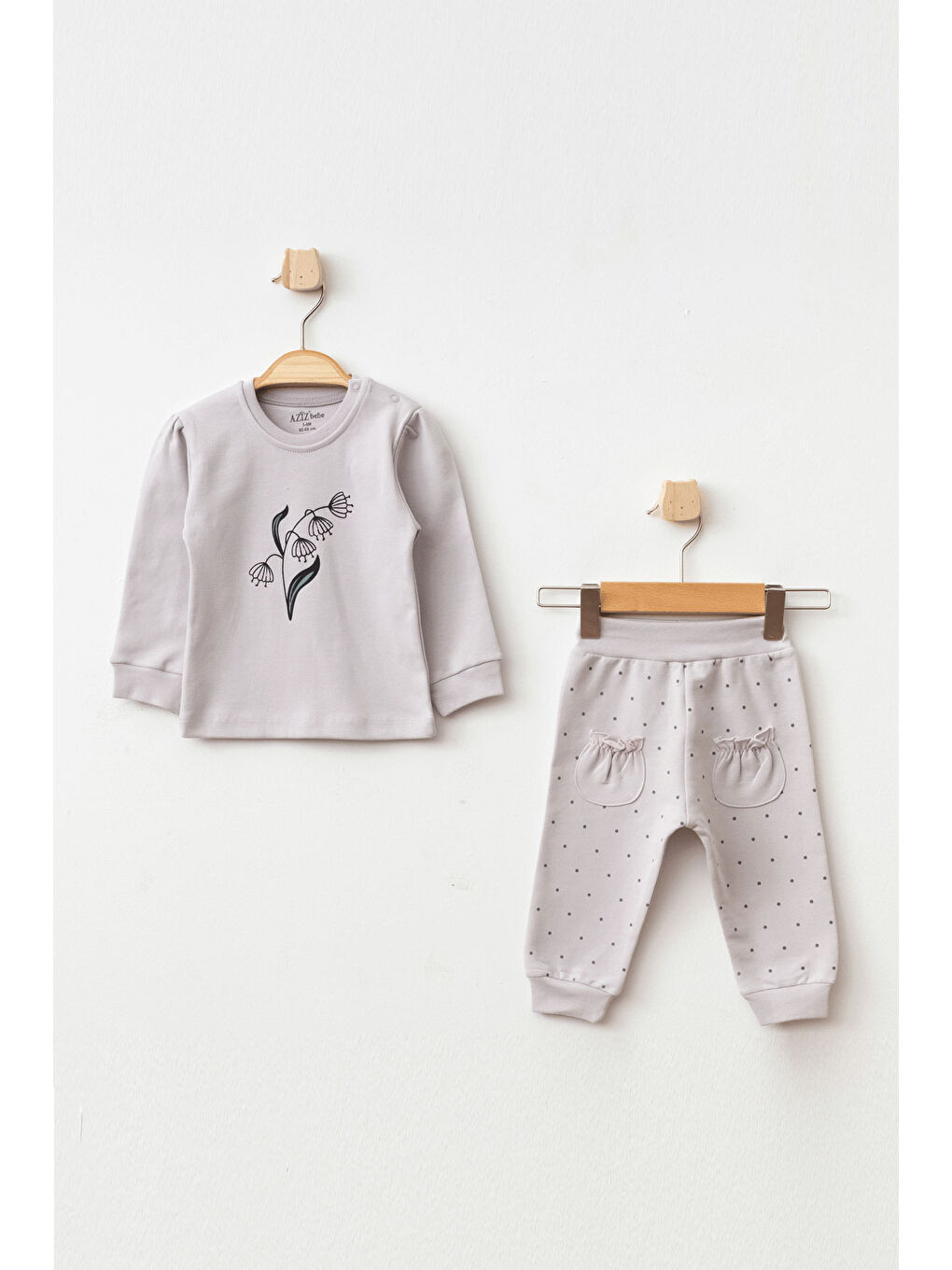 Bej Kız Bebek Çiçek Desenli Sweatshirt Pantolon T-shirt 3'lü Alt Üst Bebek Takımı 3Ay - 36Ay-1