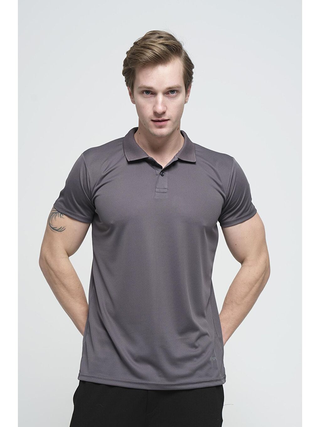 Gri Este Mikro Polyester Performans Antrenman Erkek Bisiklet Yaka Tişört-2