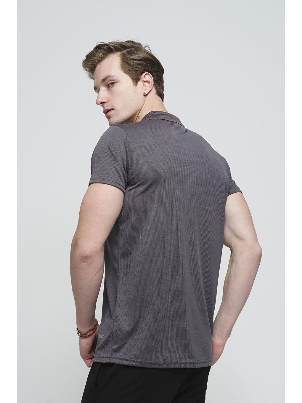 Gri Este Mikro Polyester Performans Antrenman Erkek Bisiklet Yaka Tişört-3