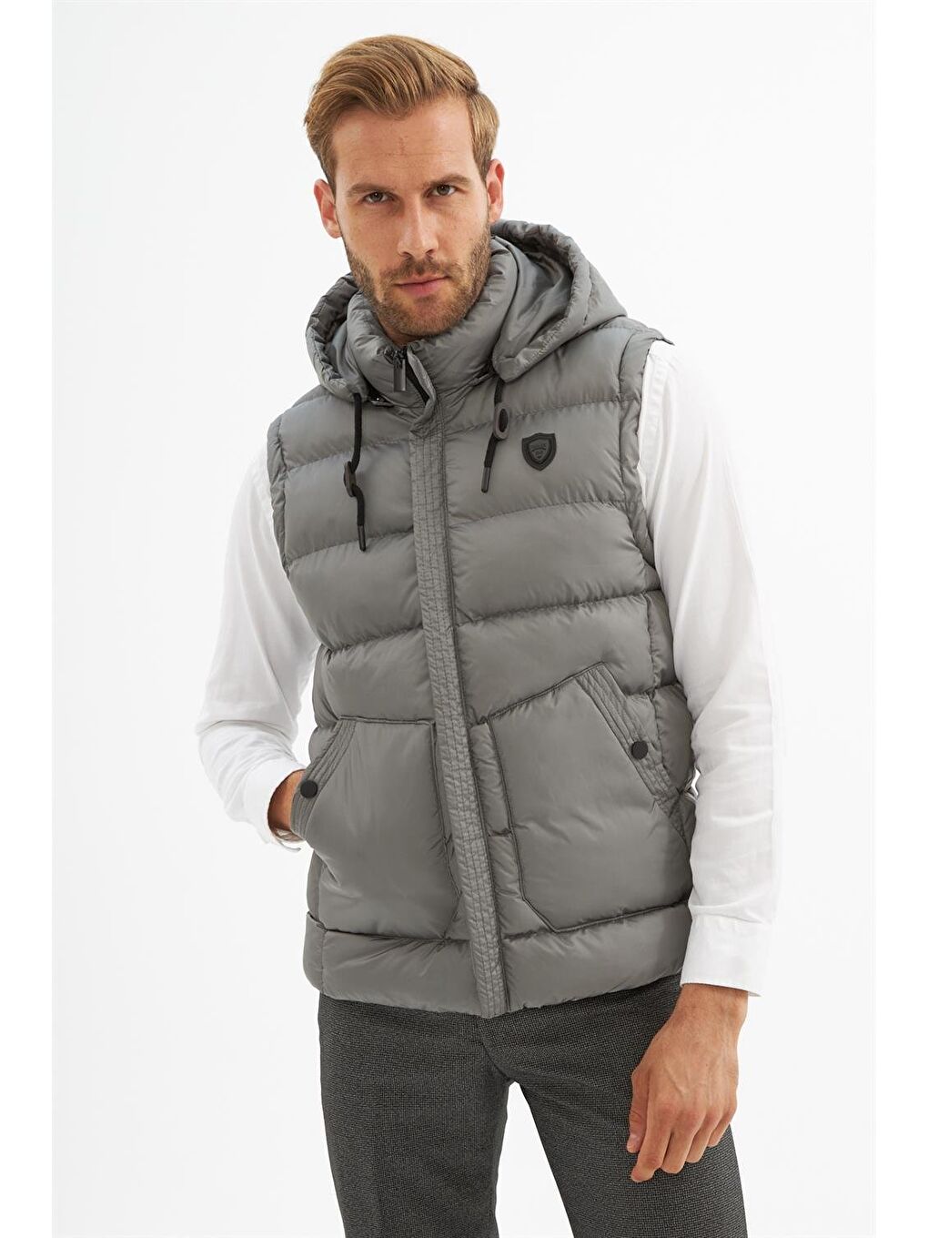 Erkek Çıkarılabilir Kapüşonlu Cep Detaylı Şişme Yelek Gri