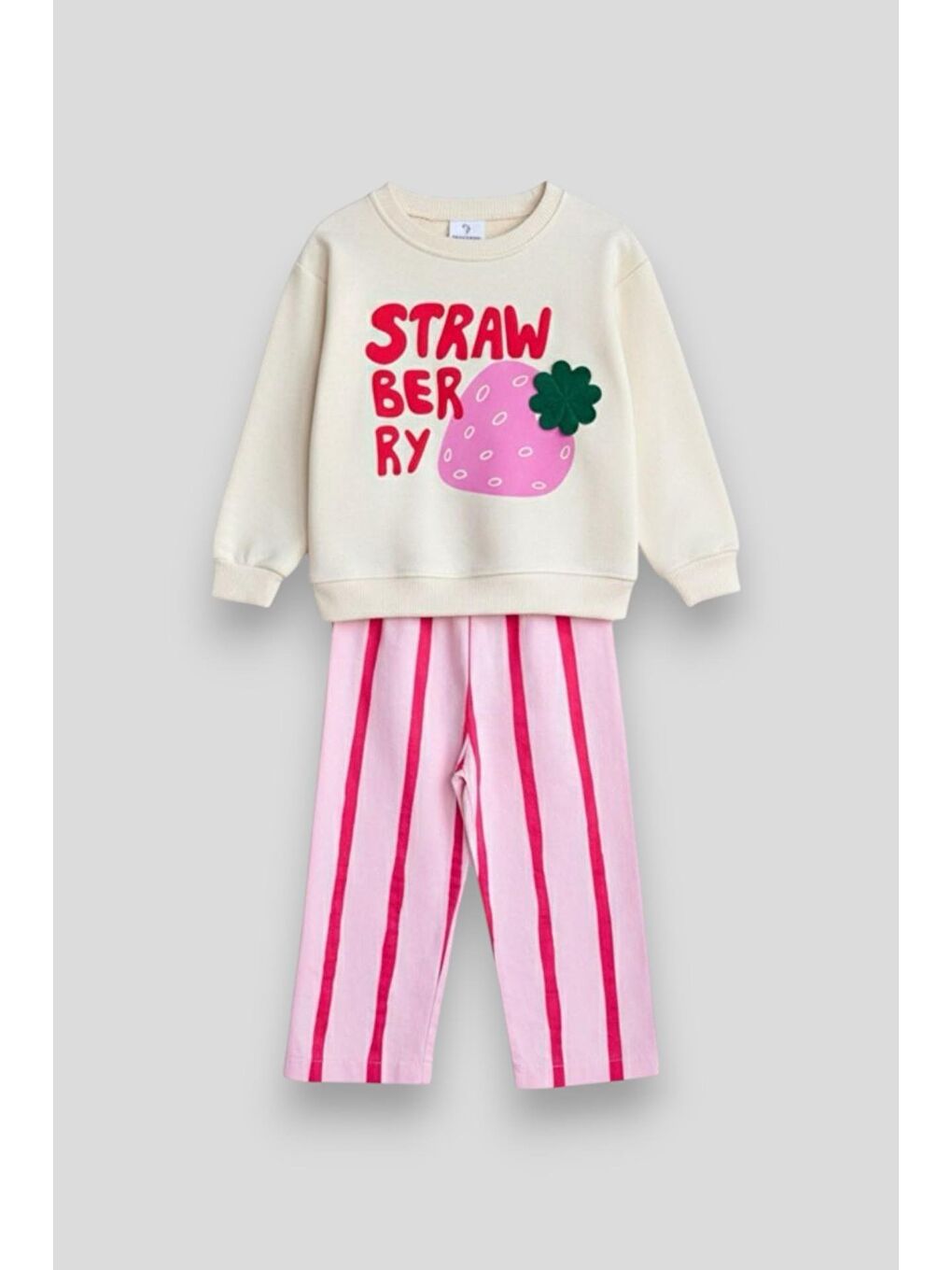 Karışık Kız Çocuk Pamuklu Ekru Strawberry Baskılı Sweatshirt Ve Pembe Çizgili Pantolon Takım