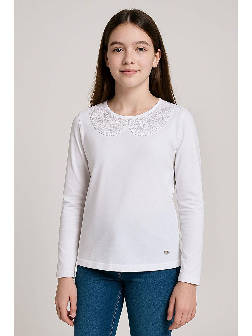 Kız Çocuk Uzun Kollu Tişört Yaka Kısmı Dantel Detaylı Kırık Beyaz (9-14 Yaş)-2