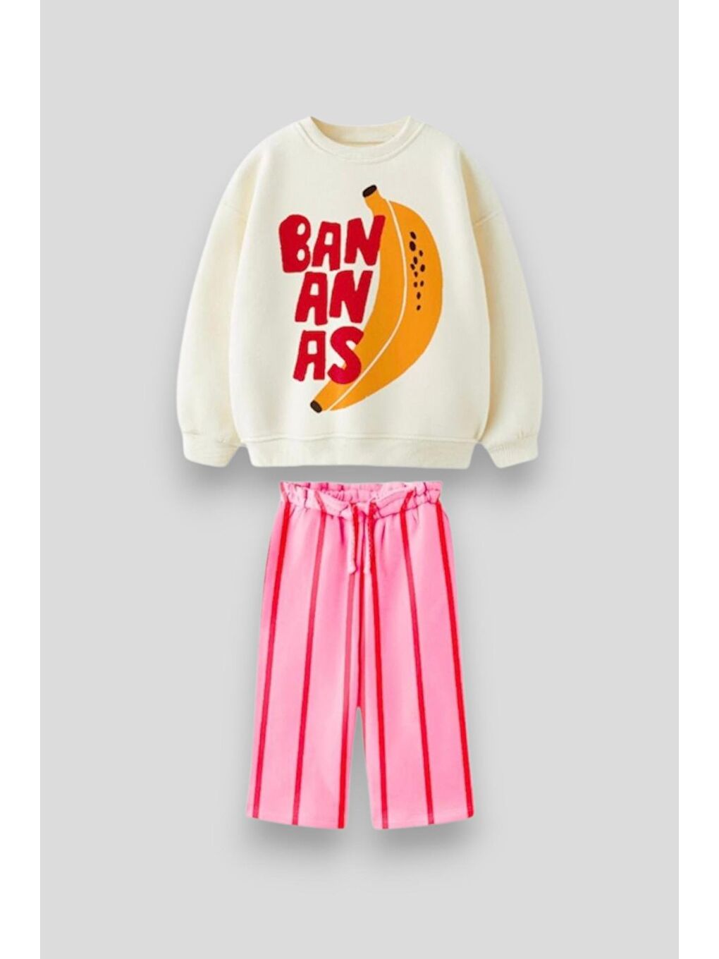 Karışık Kız Çocuk Pamuklu Ekru Muz Baskılı Sweatshirt Ve Pembe Çizgili Pantolon Takım-1