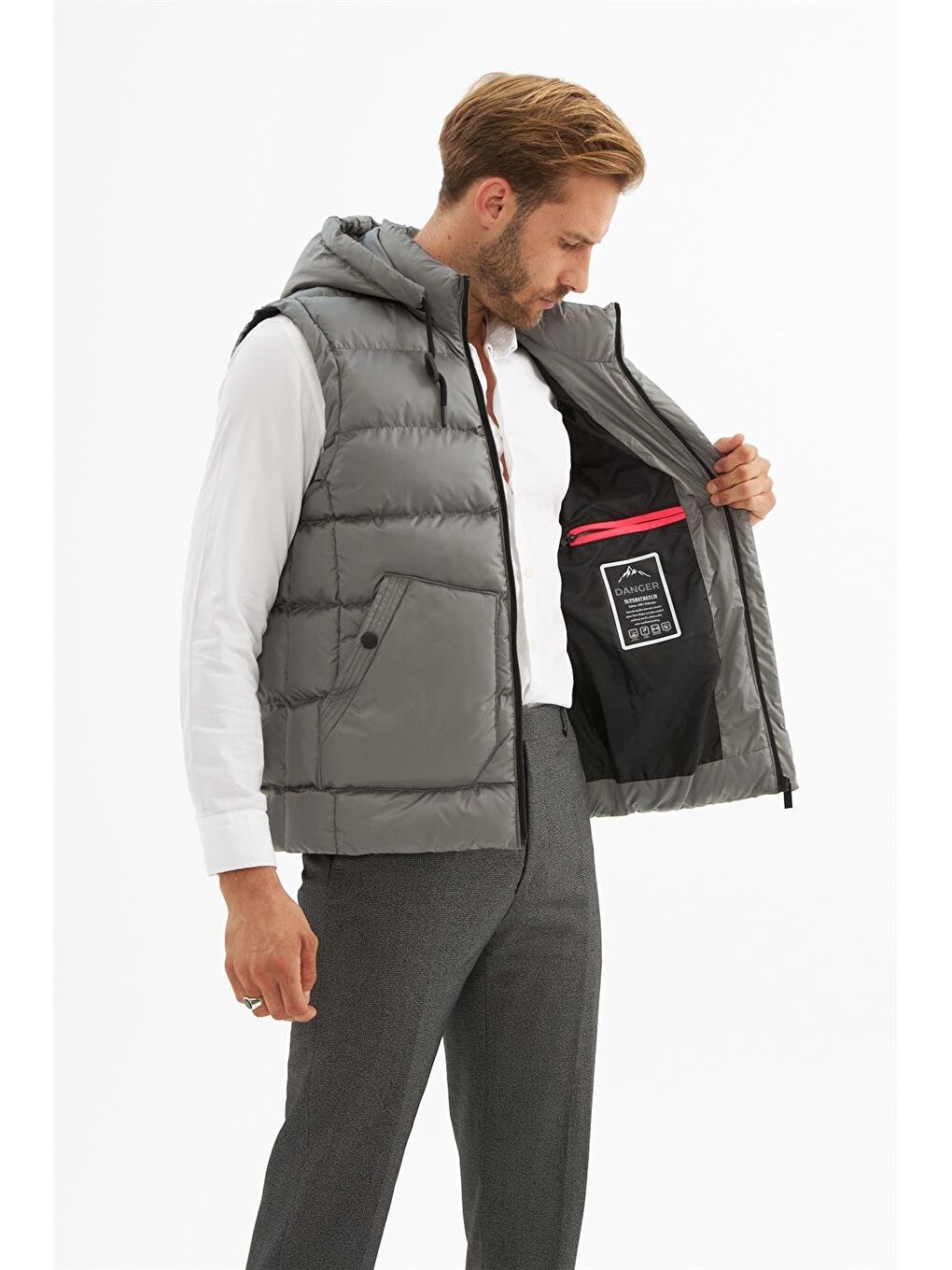 Erkek Çıkarılabilir Kapüşonlu Cep Detaylı Şişme Yelek Gri-5