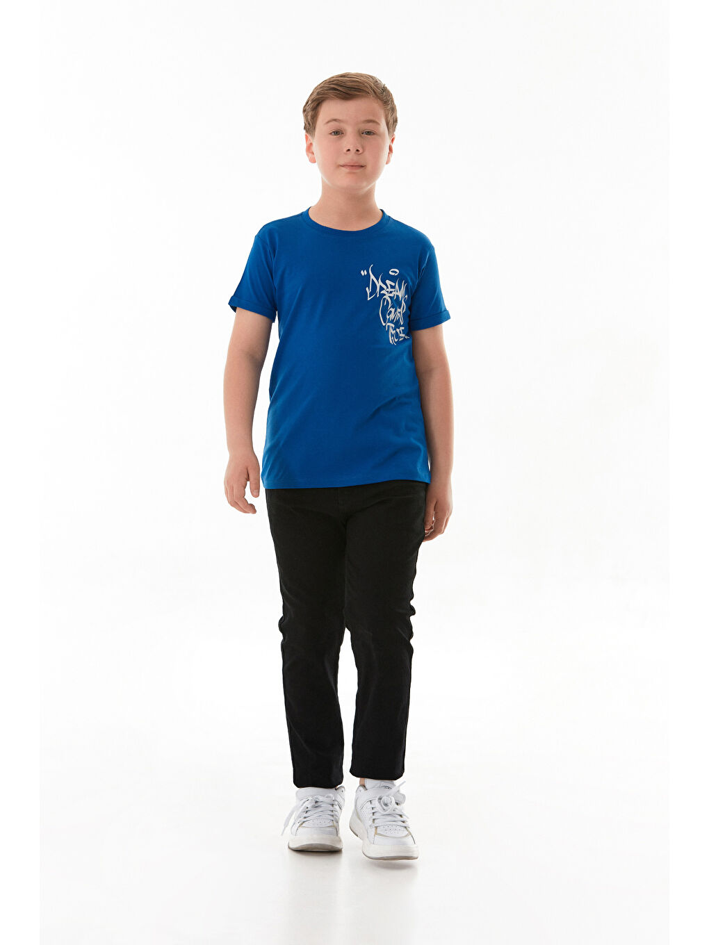 Mavi %100 Pamuk Yazı Baskılı Erkek Çocuk Tişört-4