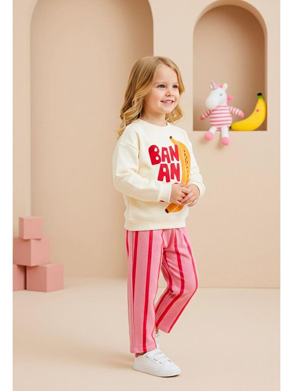 Karışık Kız Çocuk Pamuklu Ekru Muz Baskılı Sweatshirt Ve Pembe Çizgili Pantolon Takım-2