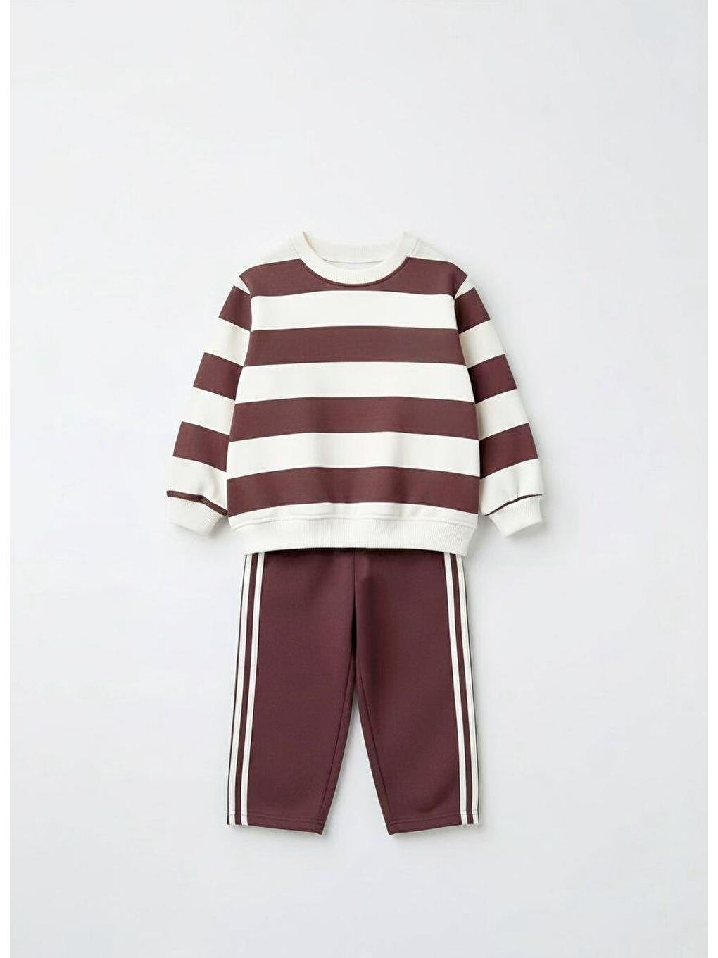 Kahverengi Unisex Çocuk Pamuklu Kahve Çizgili Sweatshirt Ve Şeritli Eşofman Takım - Rahat Kesim