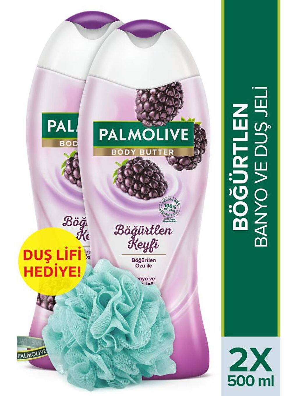 Palmolive Mor Body Butter Böğürtlen Keyfi Banyo ve Duş Jeli 500 ml x 2 Adet + Duş Lifi Hediye