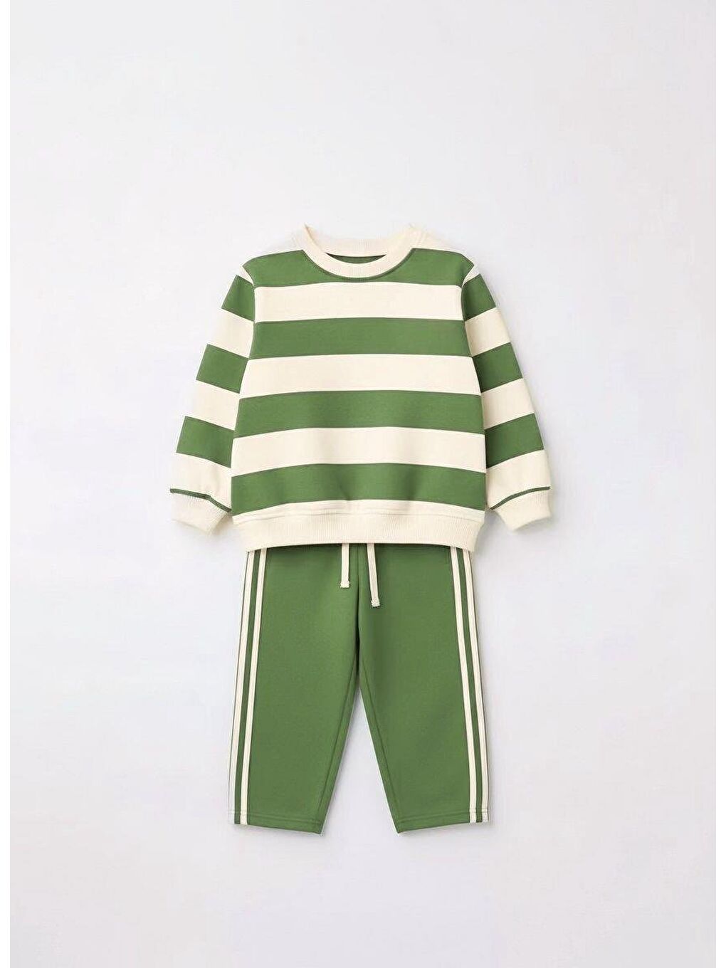 Unisex Çocuk Pamuklu Yeşil Çizgili Sweatshirt Ve Şeritli Eşofman Takım - Rahat Kesim