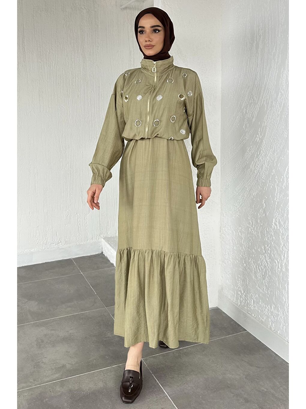 Haki Gülseli Düz Elbise Taş İşlemeli Ceket Tesettür İkili Takım-3