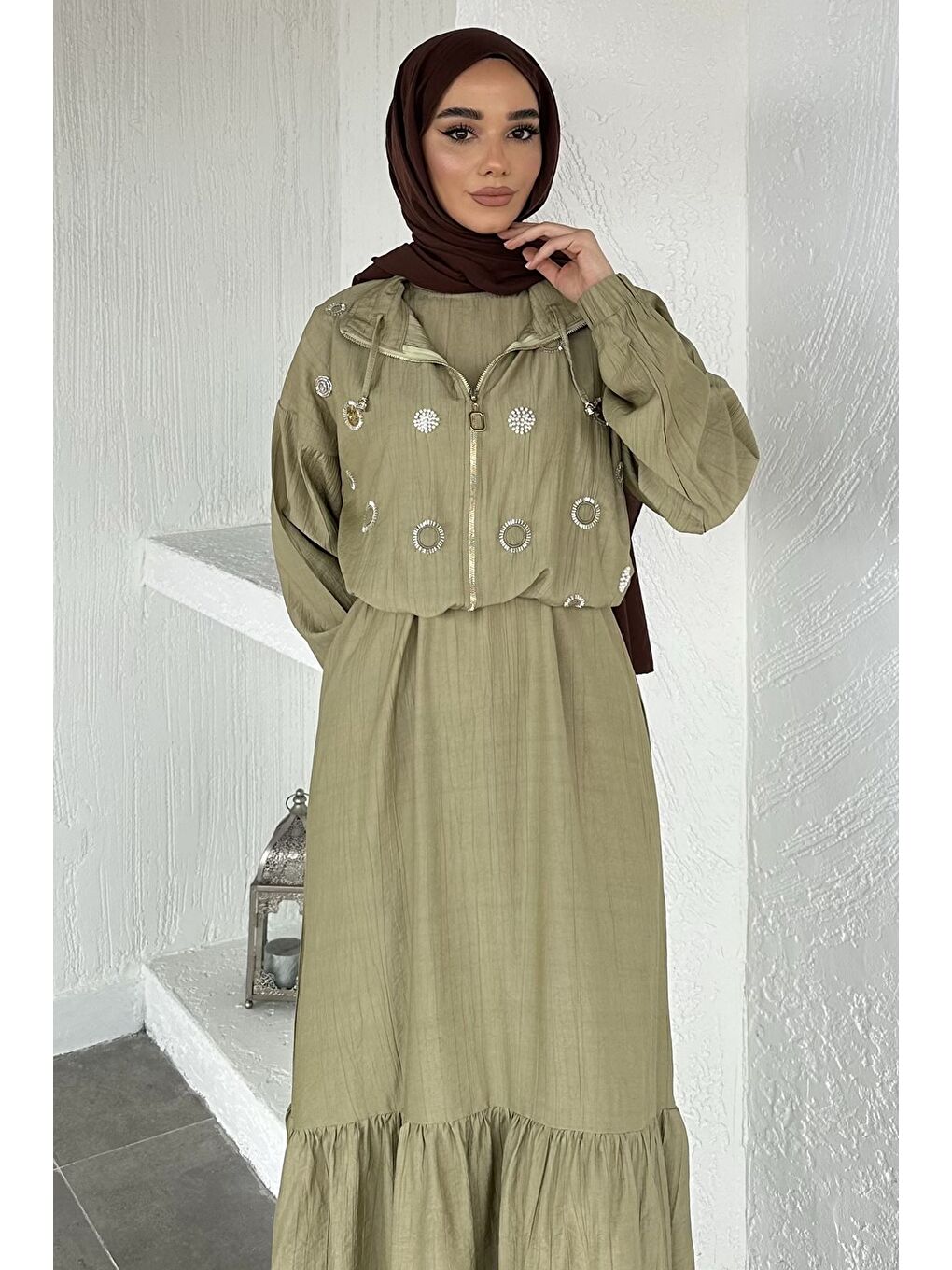 Haki Gülseli Düz Elbise Taş İşlemeli Ceket Tesettür İkili Takım-4