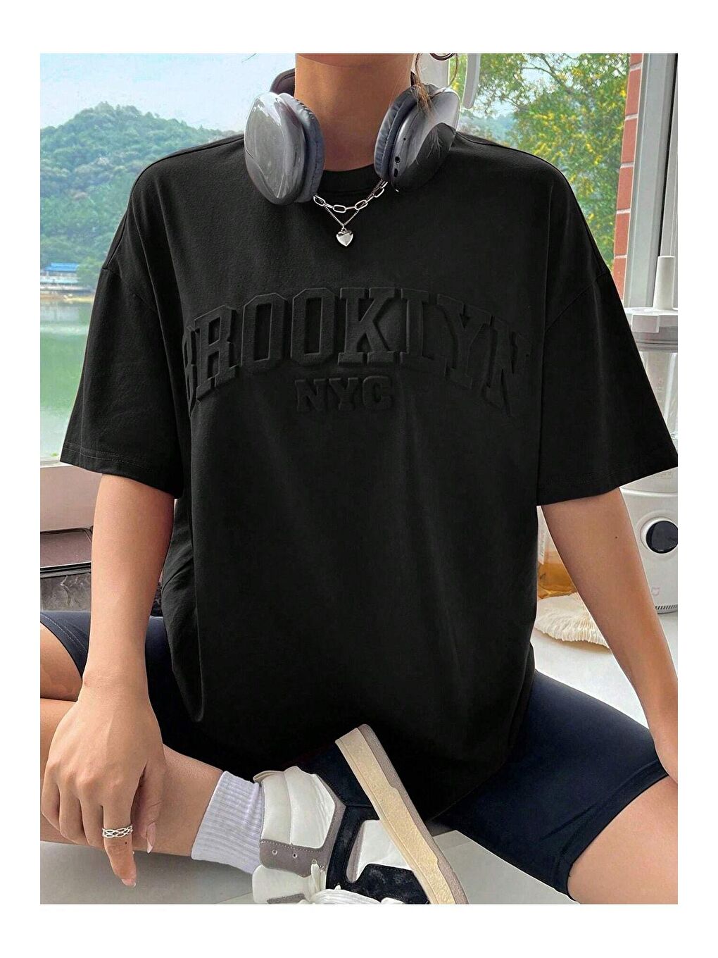Kadın Siyah Brooklyn Nyc Baskılı Oversize Tişört