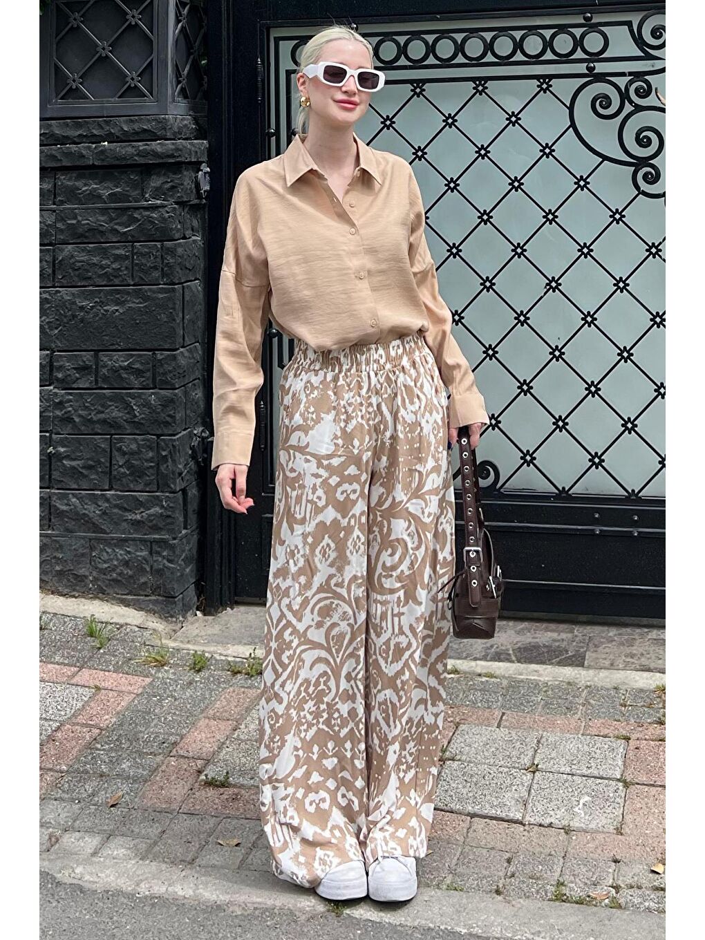 Bej Vizon Desenli Beli Lastikli Bol Paça Pantolon Mg2051