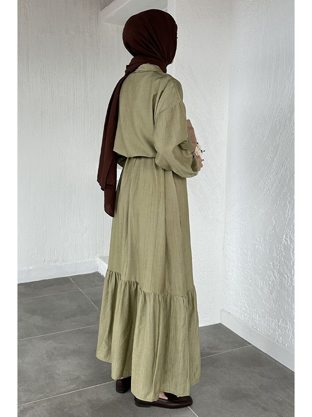 Haki Gülseli Düz Elbise Taş İşlemeli Ceket Tesettür İkili Takım-7