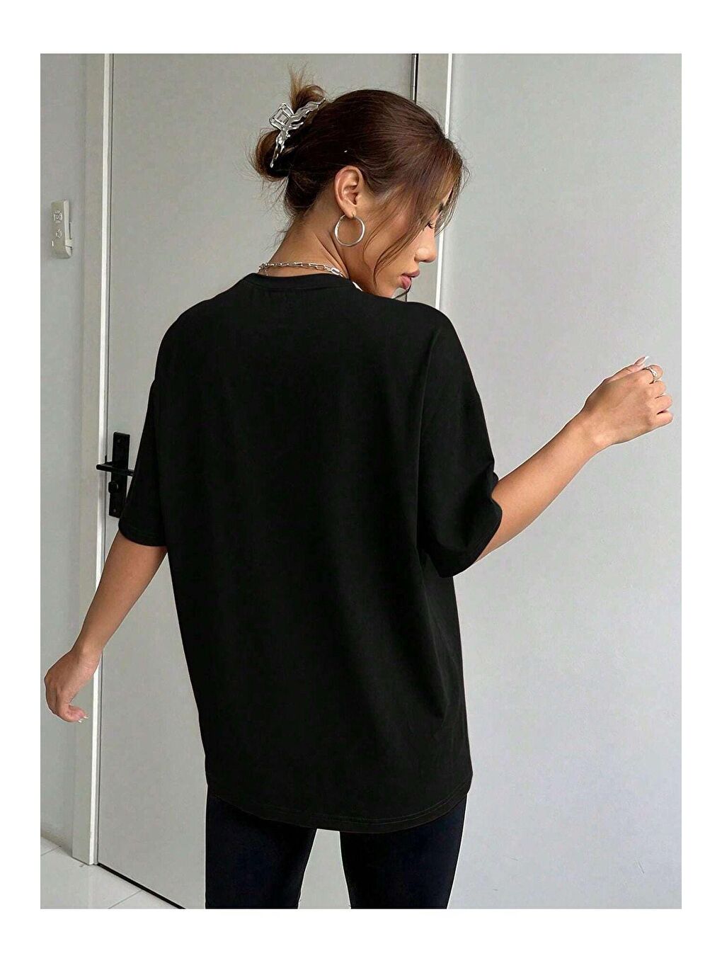 Kadın Siyah Brooklyn Nyc Baskılı Oversize Tişört-1