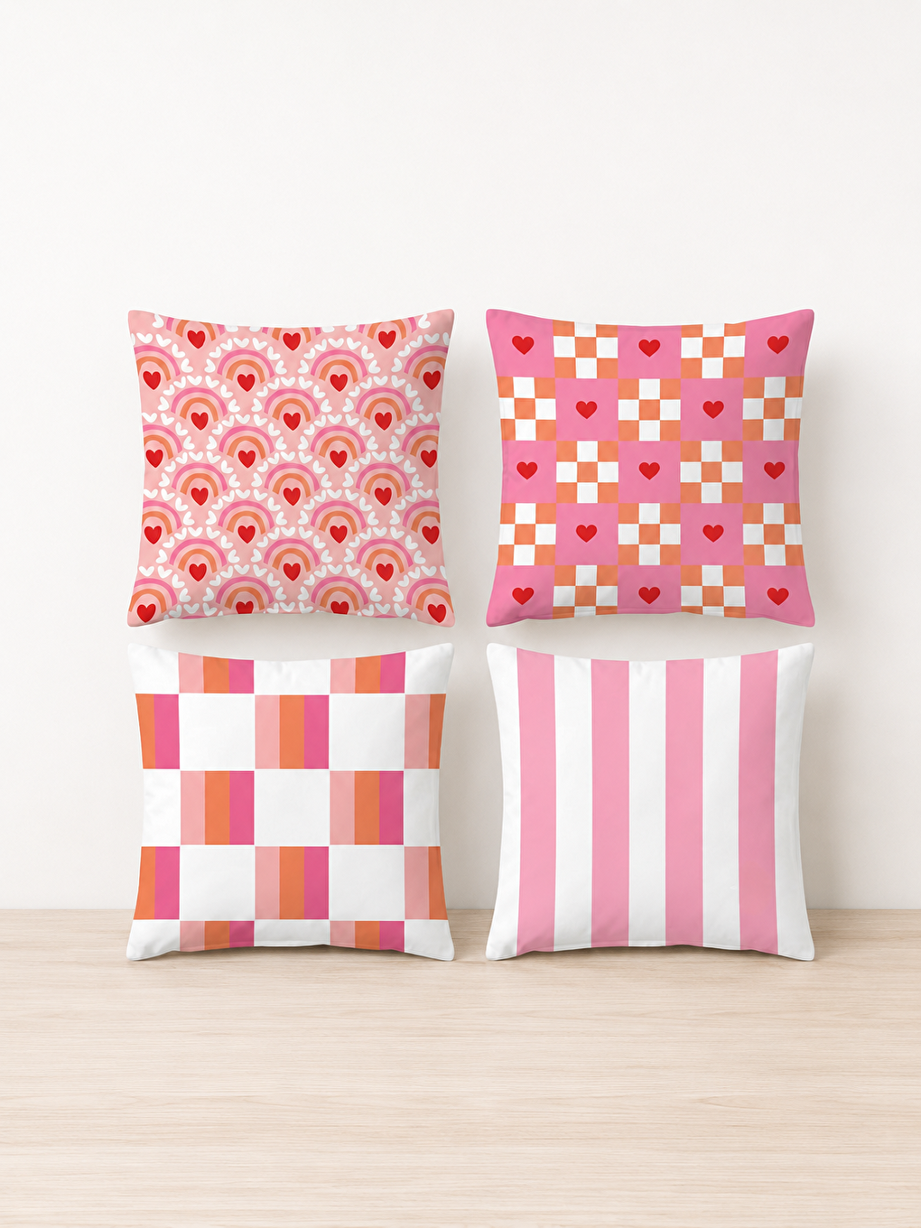 Pembe Kalpli Ve Çizgili 4'lü Dekoratif Kırlent Kılıfı Seti Dama Desenli 43x43-1