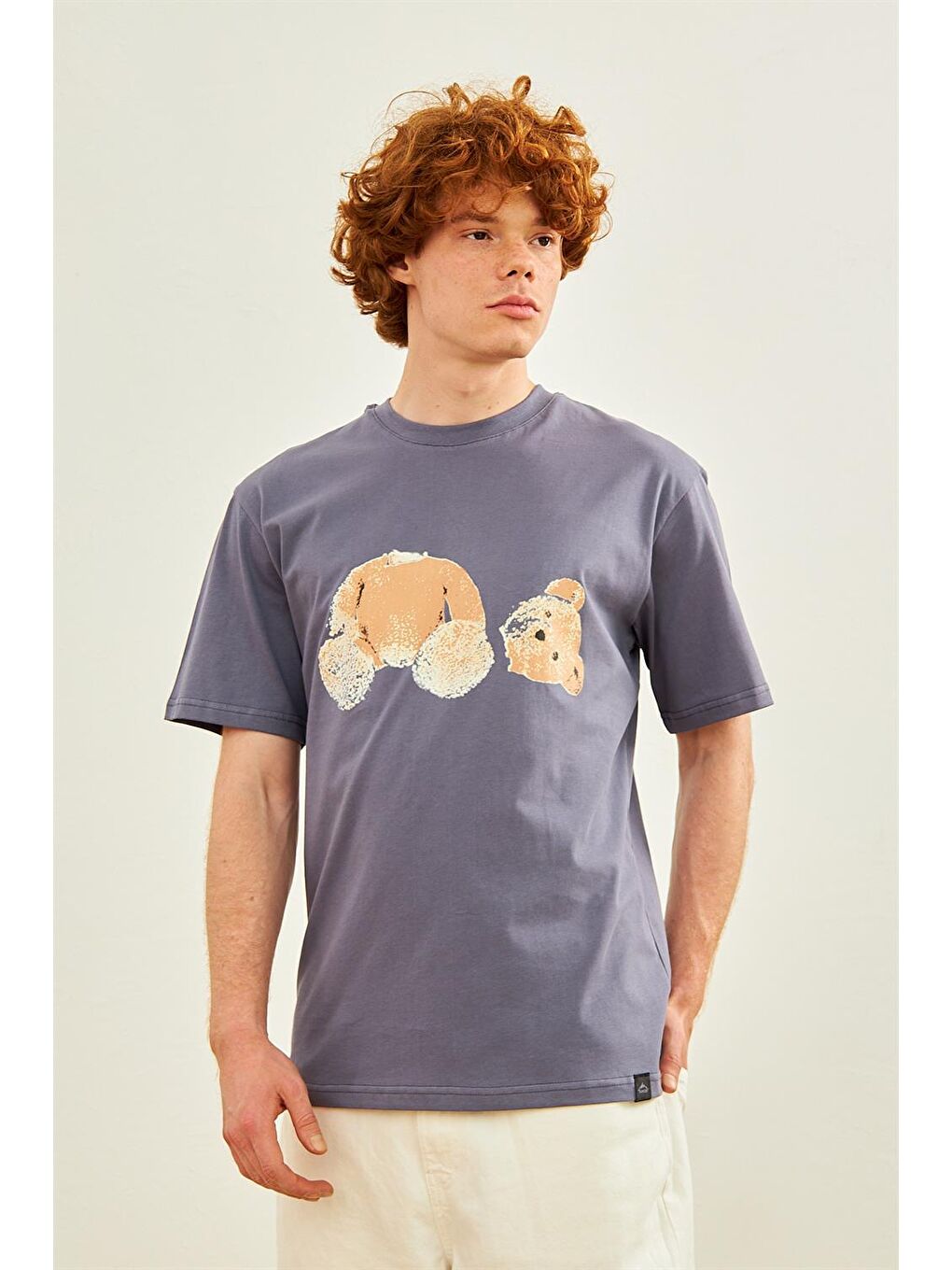 Erkek Ayıcık Baskılı Oversize Tişört Antrasit