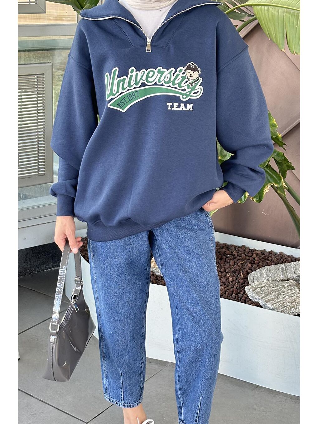 Universiy Baskılı Üç İplik Sweat Lacivert-2