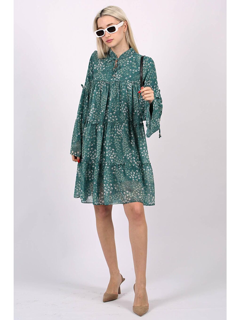 Yeşil Çiçek Desenli Diz Üstü Şifon Elbise MG1671-5