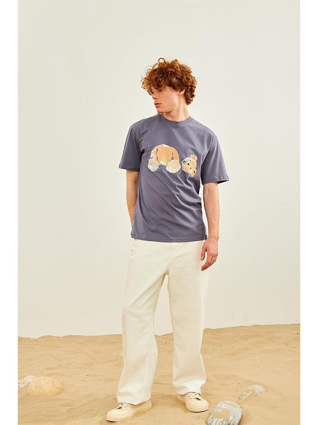 Erkek Ayıcık Baskılı Oversize Tişört Antrasit-1