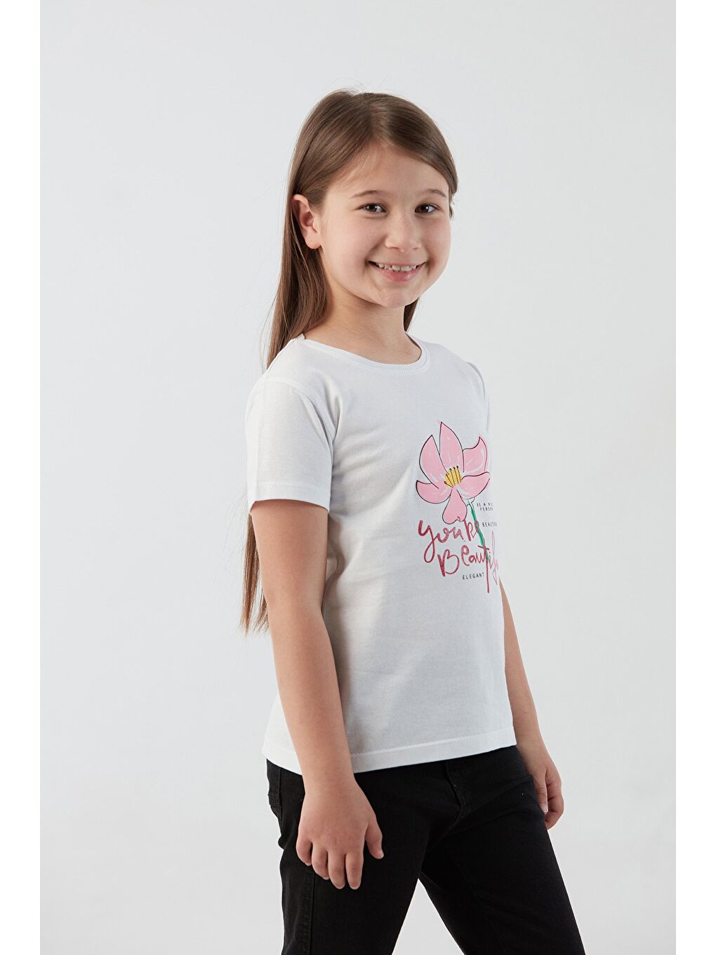 Beyaz %100 Pamuk Çiçek Baskılı Bisiklet Yaka Kız Çocuk Tişört-1