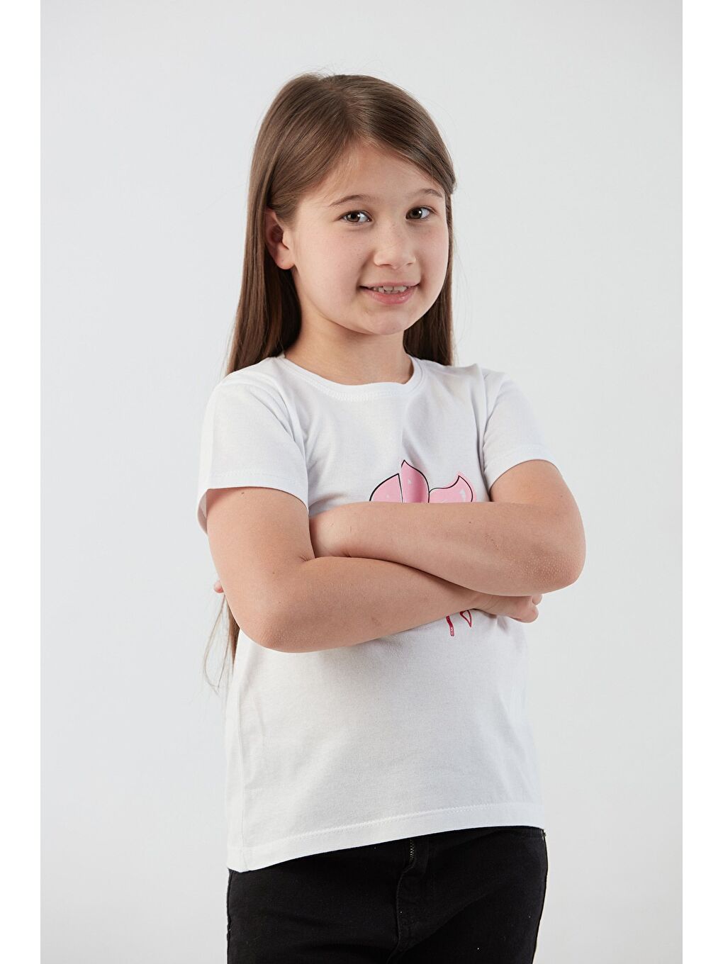 Beyaz %100 Pamuk Çiçek Baskılı Bisiklet Yaka Kız Çocuk Tişört-4