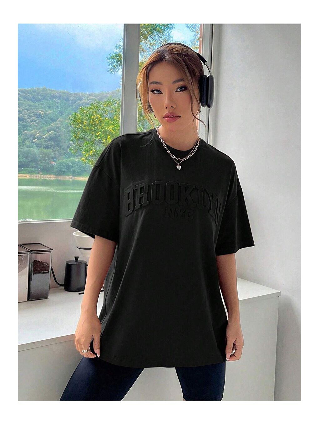 Kadın Siyah Brooklyn Nyc Baskılı Oversize Tişört-2