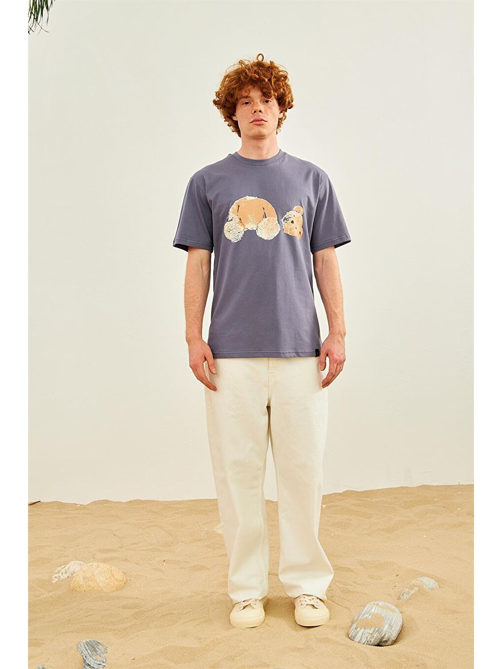 Erkek Ayıcık Baskılı Oversize Tişört Antrasit-2