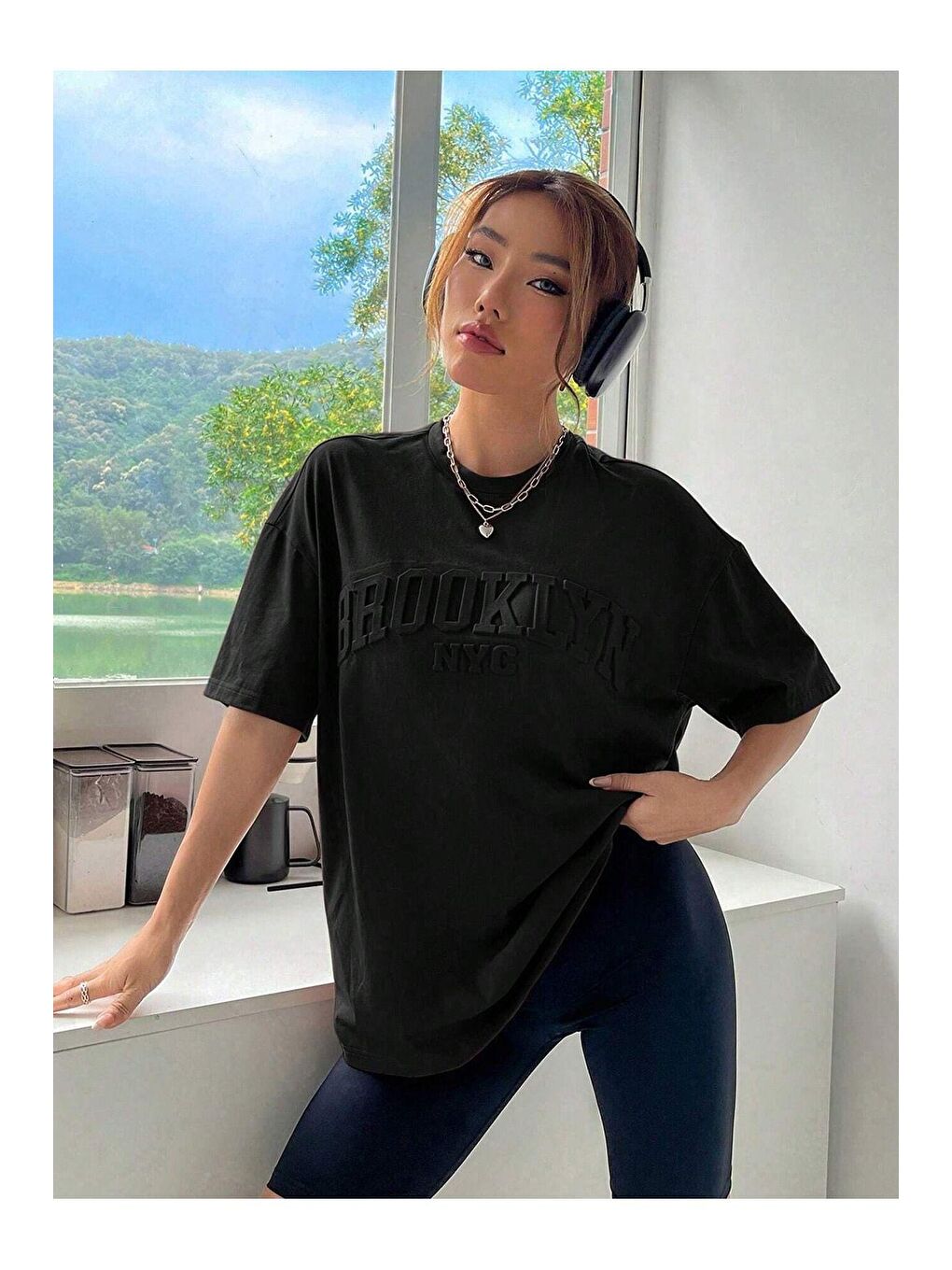 Kadın Siyah Brooklyn Nyc Baskılı Oversize Tişört-3