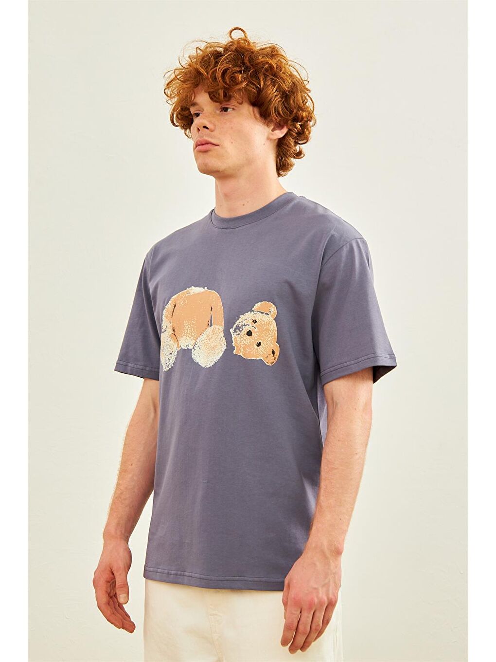 Erkek Ayıcık Baskılı Oversize Tişört Antrasit-3