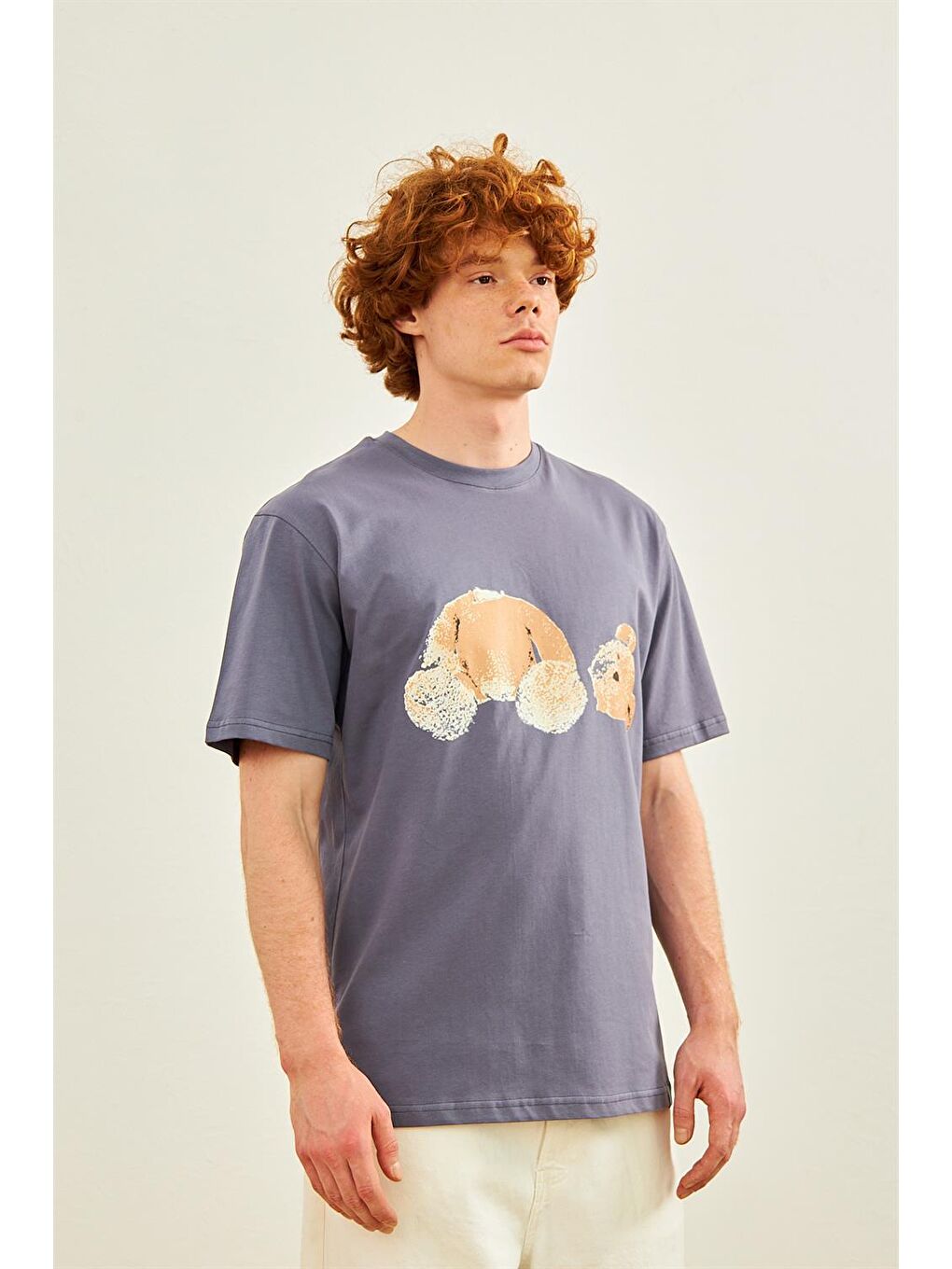 Erkek Ayıcık Baskılı Oversize Tişört Antrasit-4