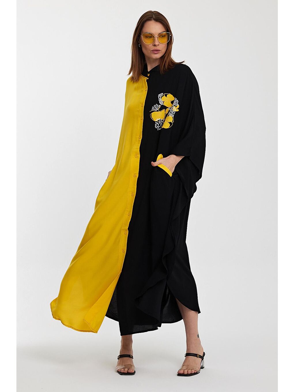 Sarı Kadın Desenli Elbise-1