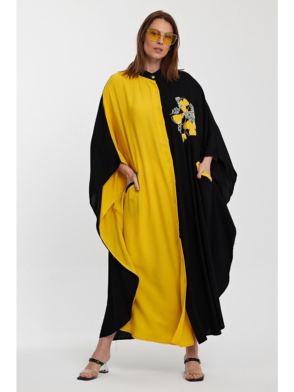 Sarı Kadın Desenli Elbise-2