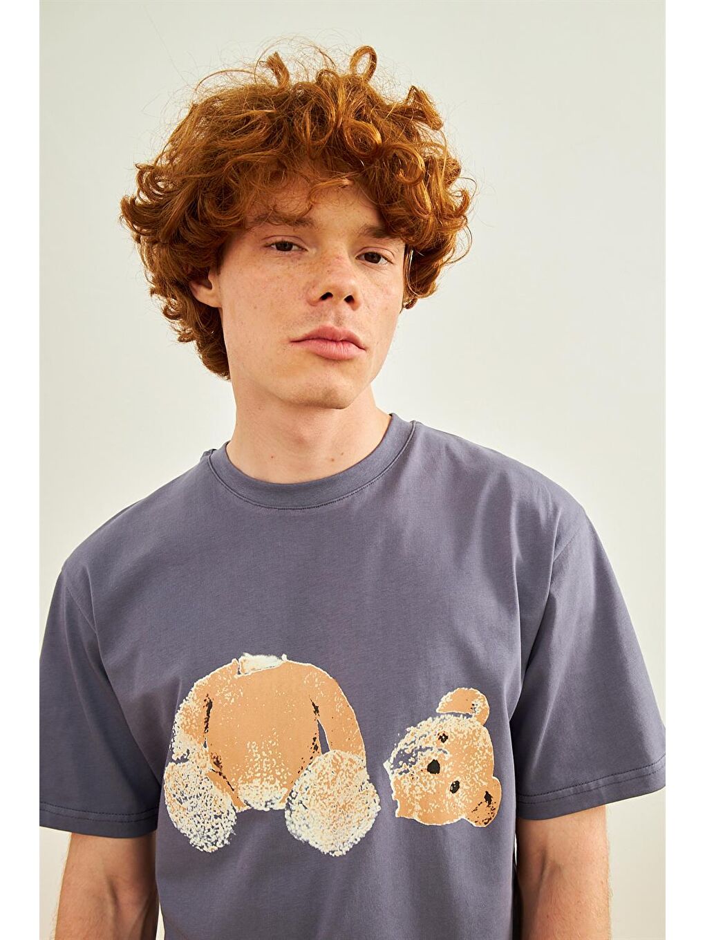 Erkek Ayıcık Baskılı Oversize Tişört Antrasit-6