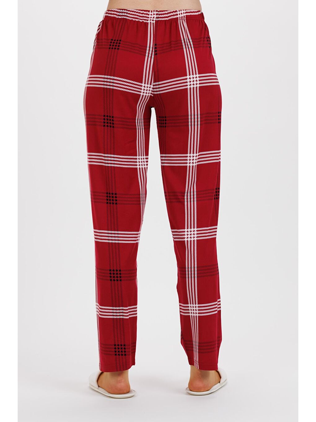 Kadın Kırmızı Ekose Bebe Yaka Düğmeli Uzun Alt Pijama Takım-1