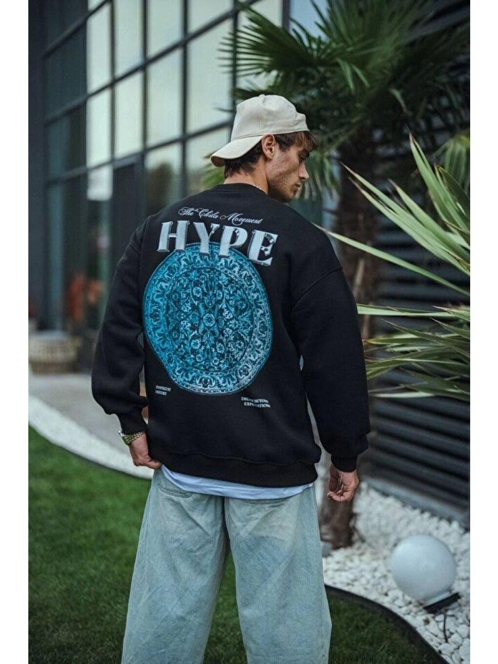 Üç İplik Bisiklet Yaka Baskılı Sweatshirt - Siyah