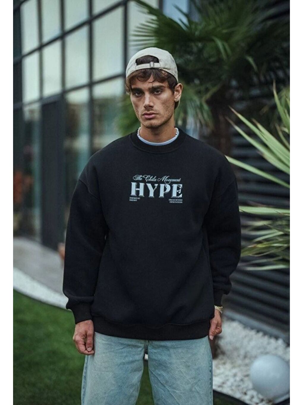 Üç İplik Bisiklet Yaka Baskılı Sweatshirt - Siyah-1