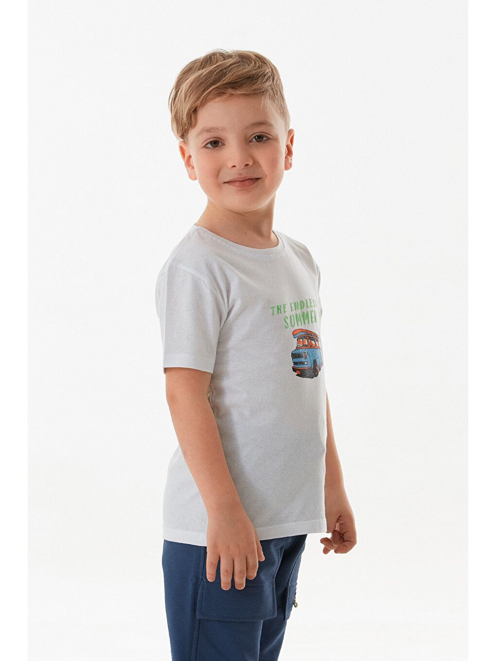 Beyaz Araba Ve Yazı Baskılı Erkek Çocuk Tişört-1