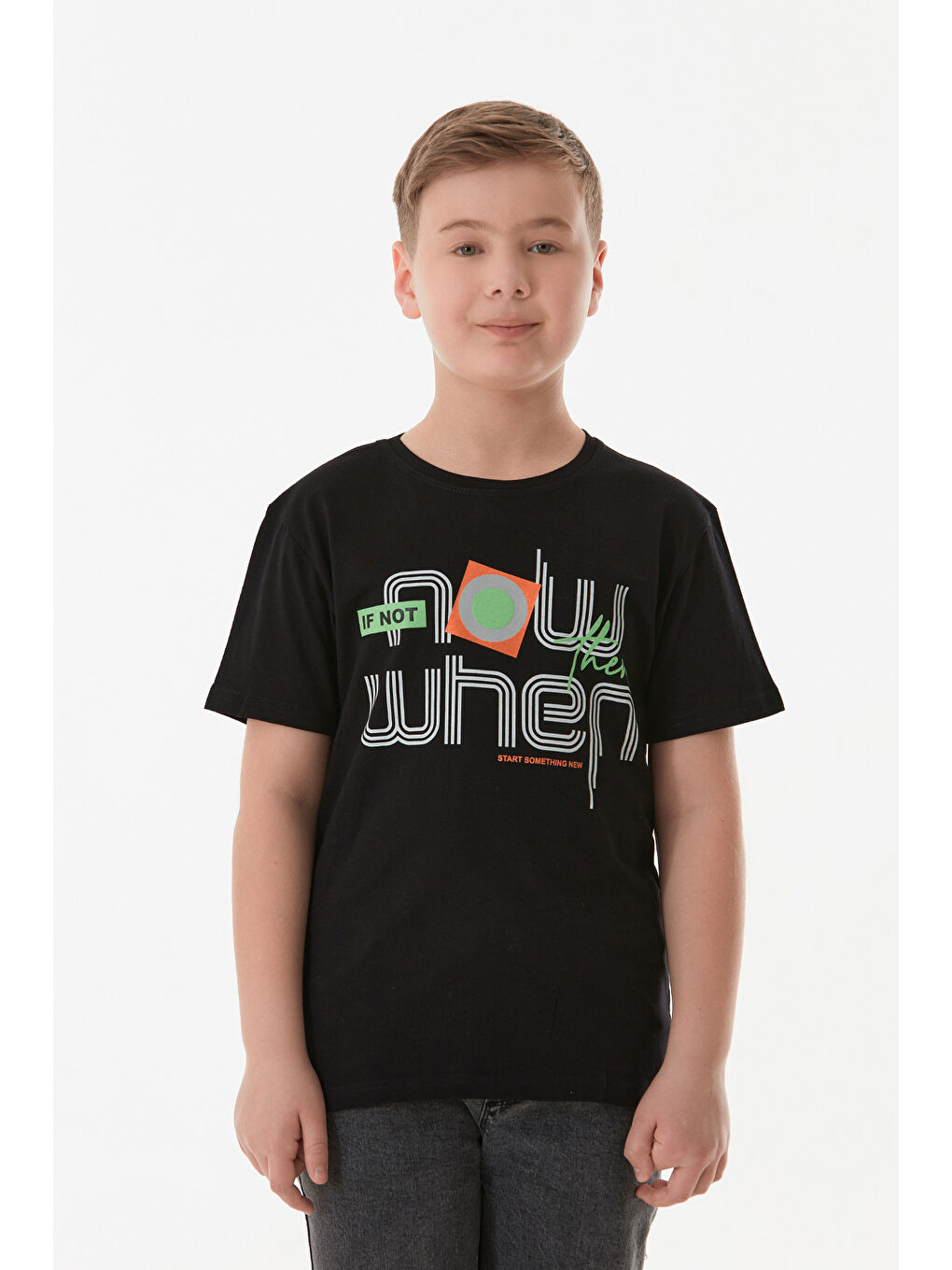Siyah Slogan Baskılı Bisiklet Yaka Erkek Çocuk Tişört
