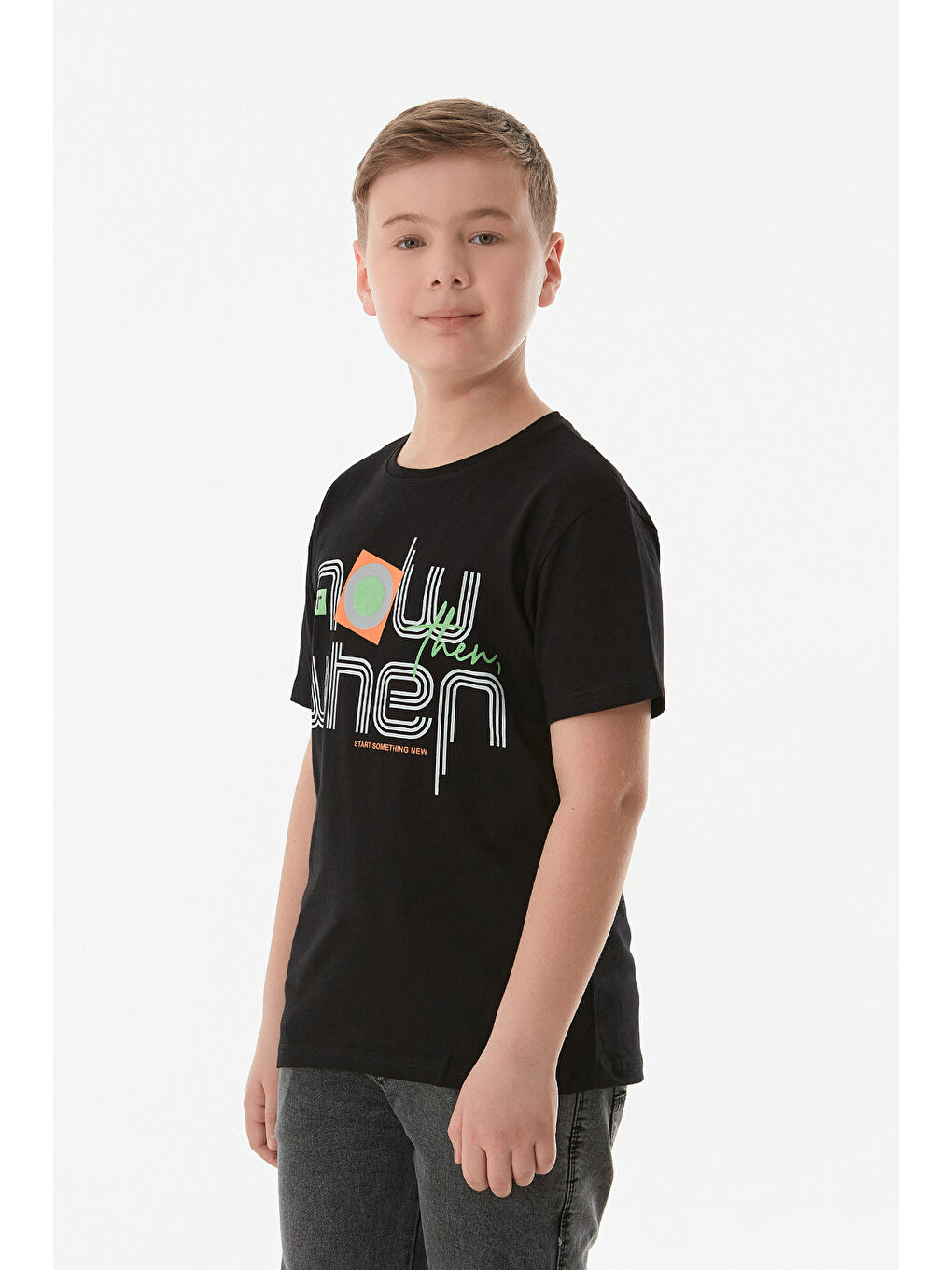 Siyah Slogan Baskılı Bisiklet Yaka Erkek Çocuk Tişört-1