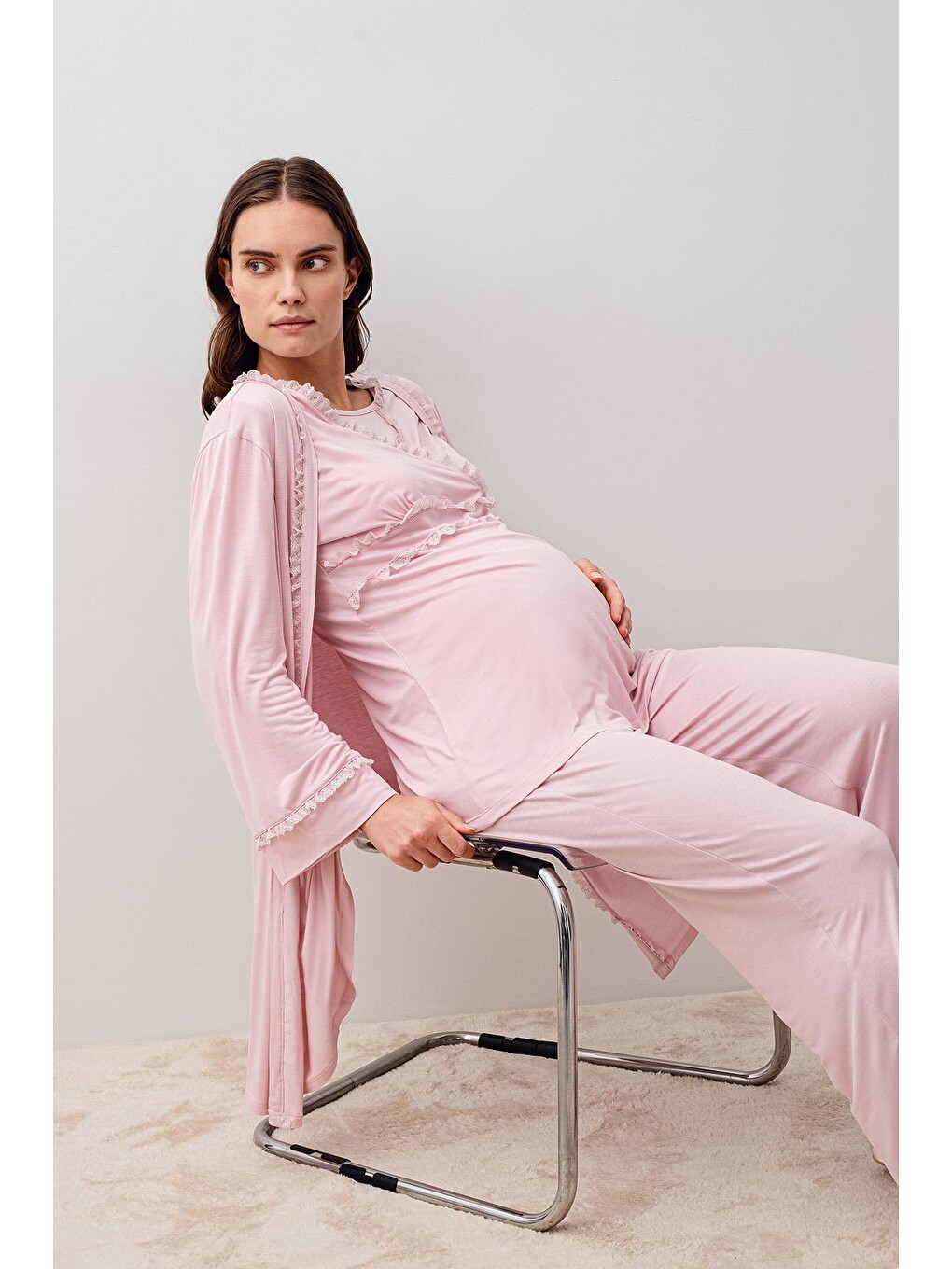 Pembe Uzun Kollu Dantelli Elastanlı Viskoz Hamile Sabahlık Pijama Takım 20300-1