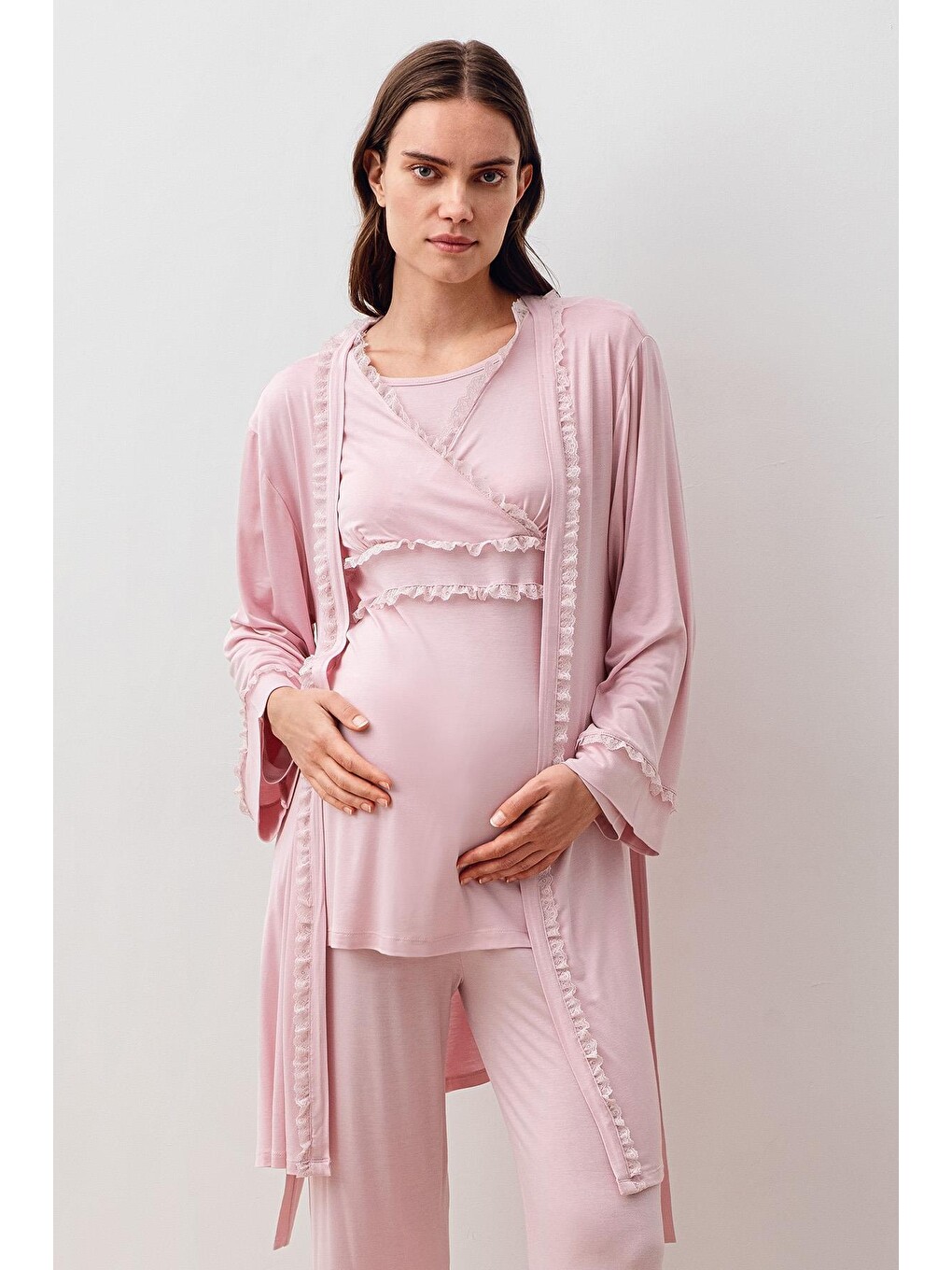 Pembe Uzun Kollu Dantelli Elastanlı Viskoz Hamile Sabahlık Pijama Takım 20300-2