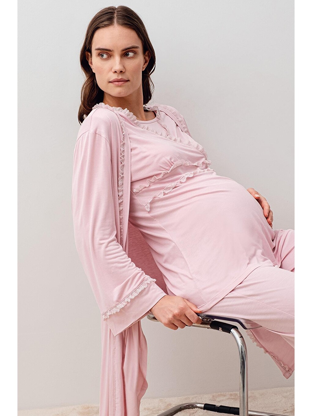 Pembe Uzun Kollu Dantelli Elastanlı Viskoz Hamile Sabahlık Pijama Takım 20300-3