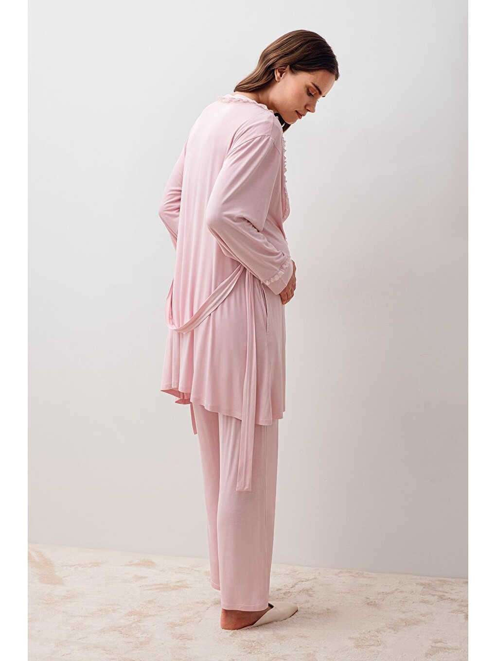 Pembe Uzun Kollu Dantelli Elastanlı Viskoz Hamile Sabahlık Pijama Takım 20300-4