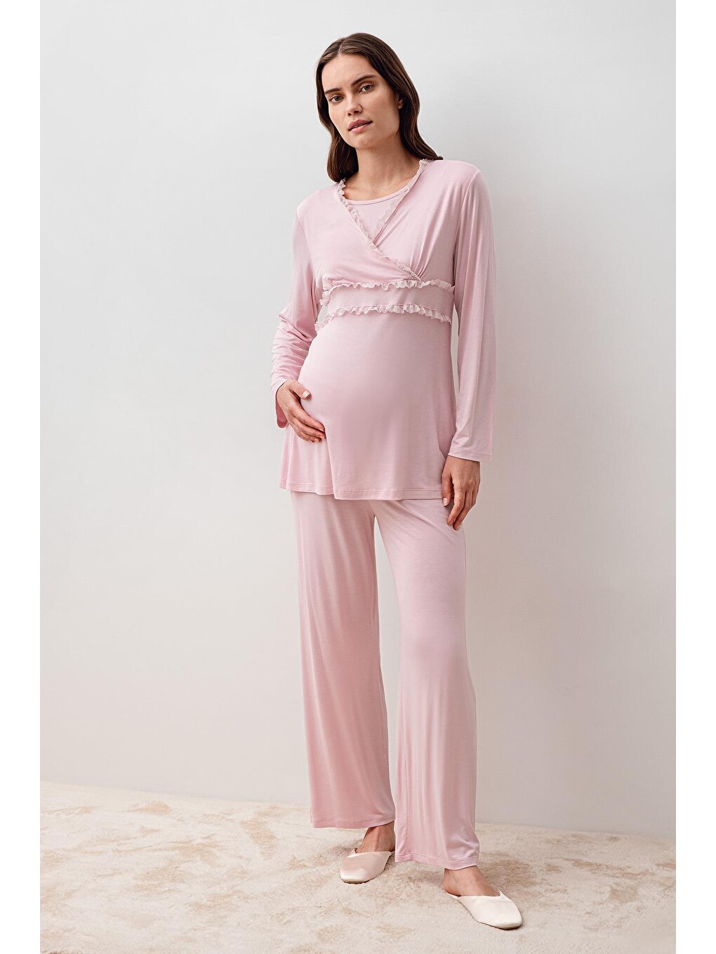Pembe Uzun Kollu Dantelli Elastanlı Viskoz Hamile Sabahlık Pijama Takım 20300-5