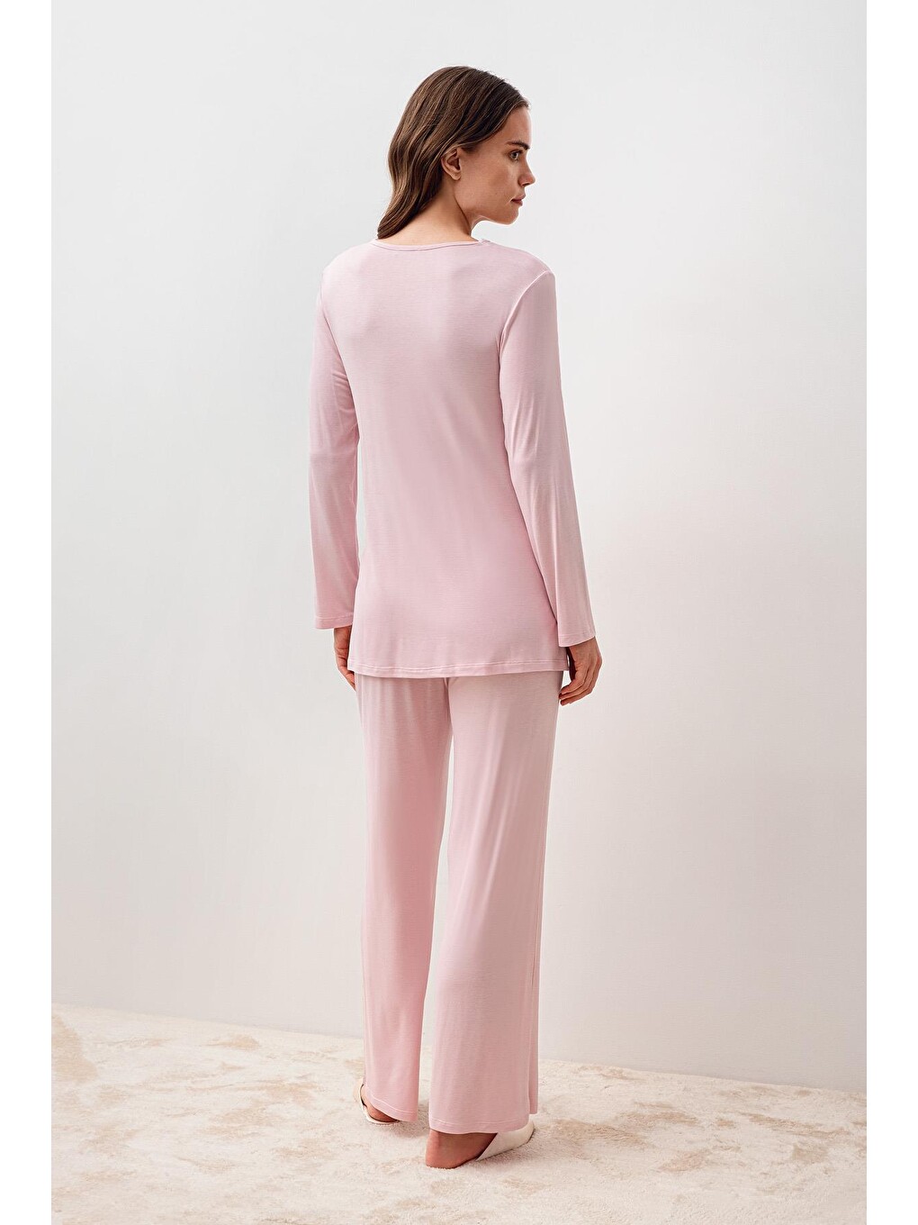 Pembe Uzun Kollu Dantelli Elastanlı Viskoz Hamile Sabahlık Pijama Takım 20300-6