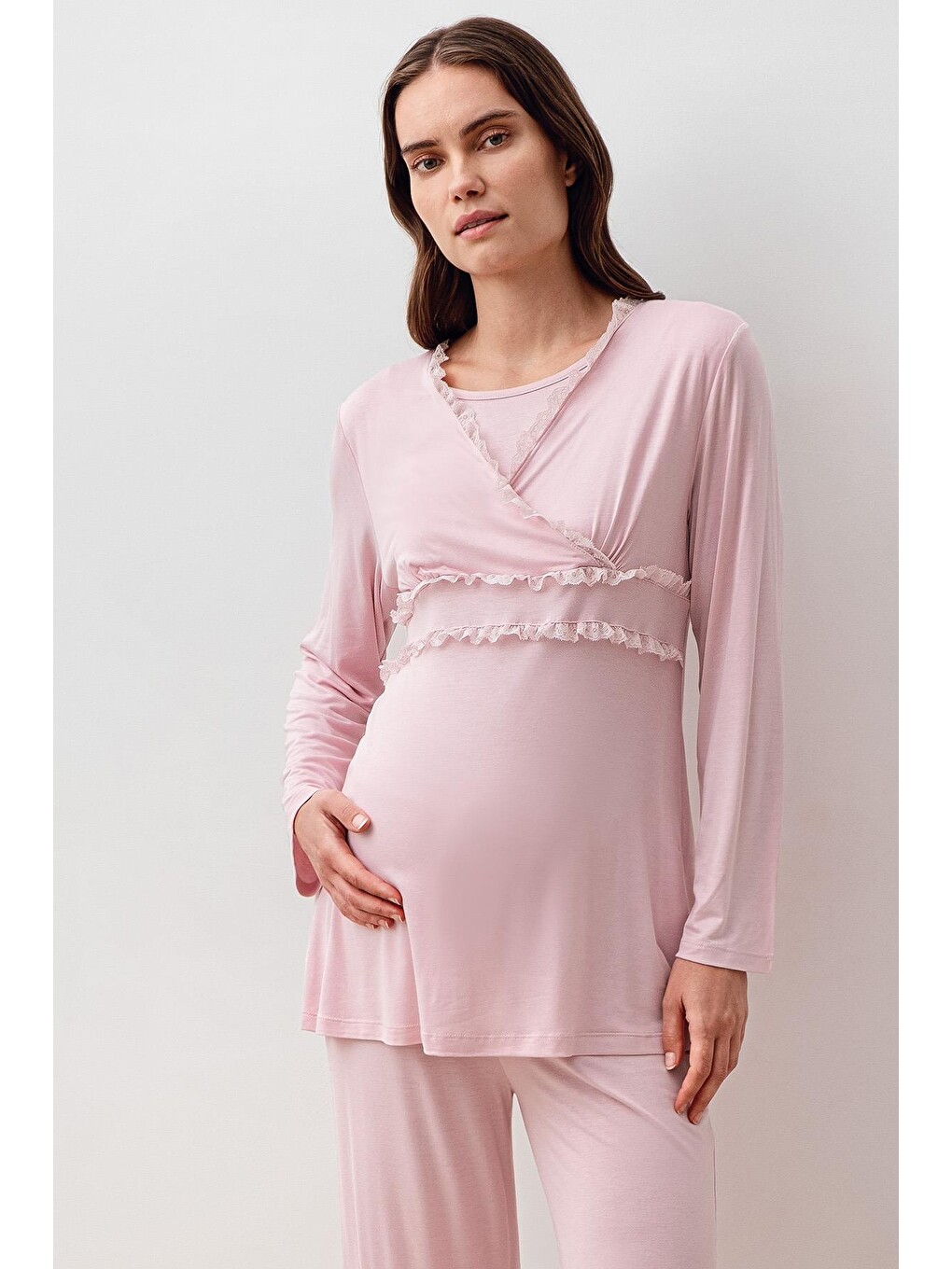 Pembe Uzun Kollu Dantelli Elastanlı Viskoz Hamile Sabahlık Pijama Takım 20300-7