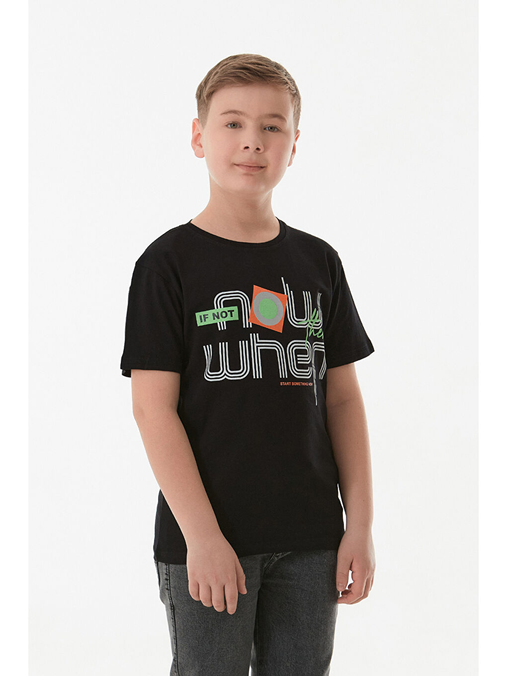 Siyah Slogan Baskılı Bisiklet Yaka Erkek Çocuk Tişört-2