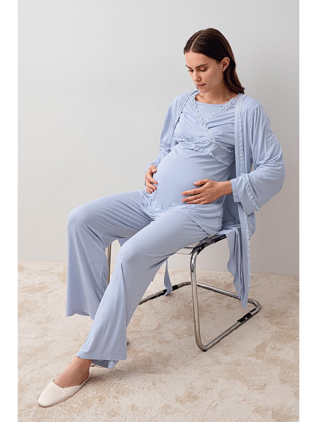 Mavi Uzun Kollu Dantelli Elastanlı Viskoz Hamile Sabahlık Pijama Takım 20300-1